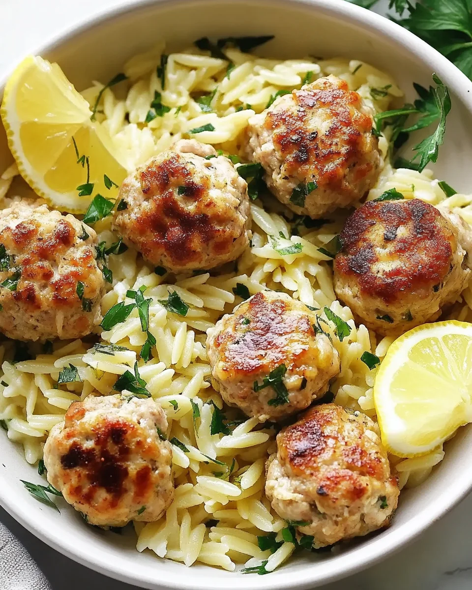 Greek Chicken Meatballs with Lemon Orzo