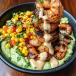 Grilled Shrimp Bowl with Avocado, Corn Salsa & Creamy Sauce