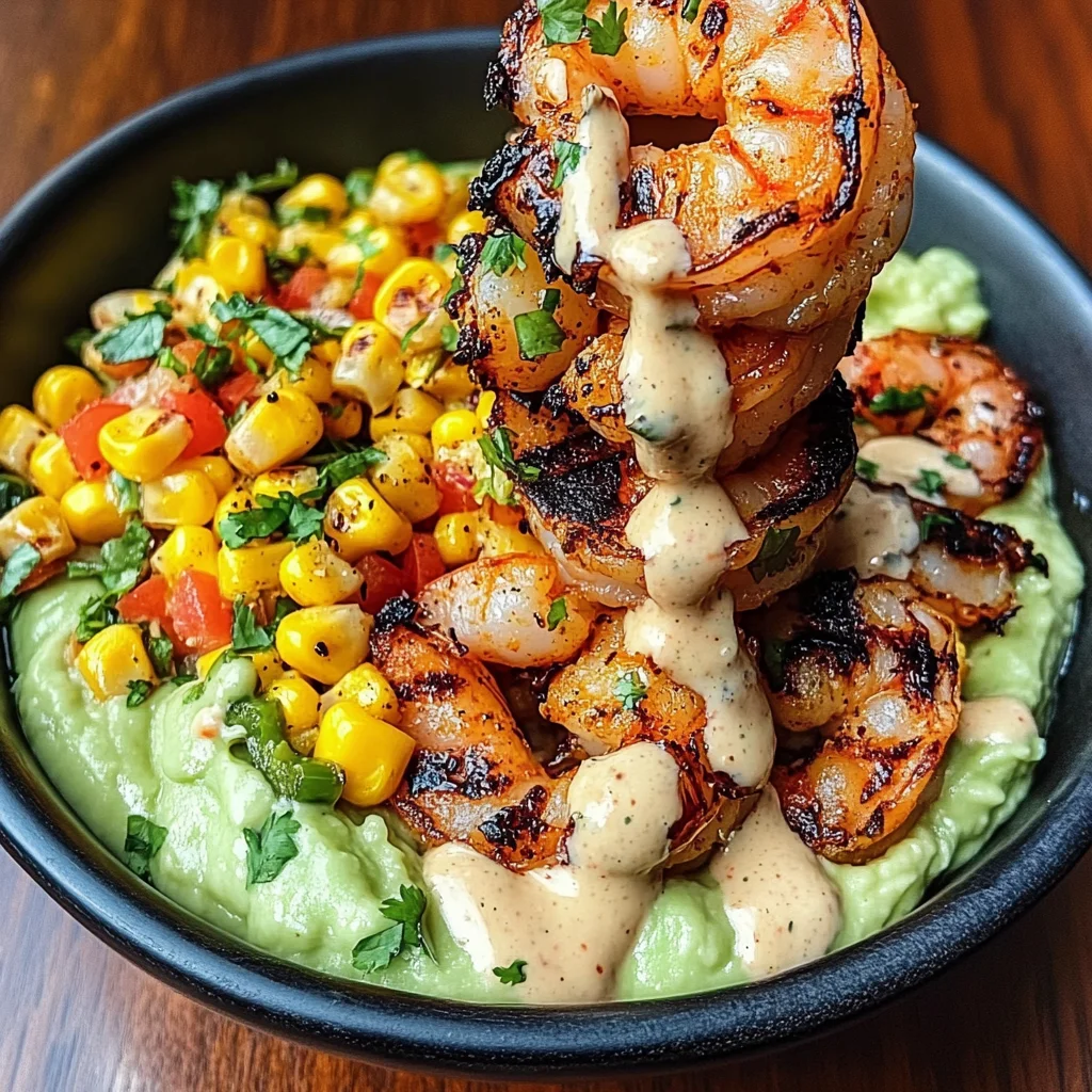 Grilled Shrimp Bowl with Avocado, Corn Salsa & Creamy Sauce