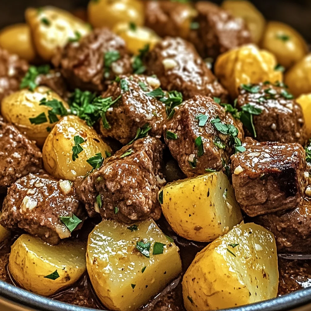 Slow Cooker Garlic Butter Beef Bites & Potatoes