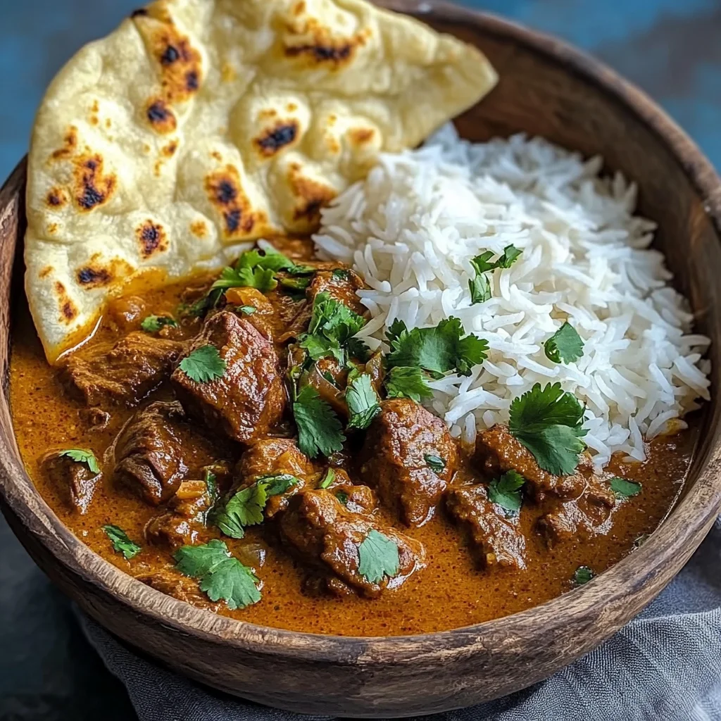Beef Coconut Curry with Fragrant Rice and Warm Naan