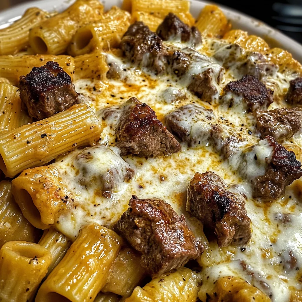 Cheesy Beef Rigatoni in Garlic Cream Sauce