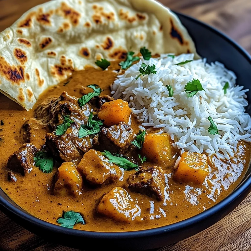 Coconut Beef Curry with Fragrant Basmati Rice and Naan