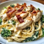 Creamy Chicken Bacon Spinach Fettuccine with Broccoli