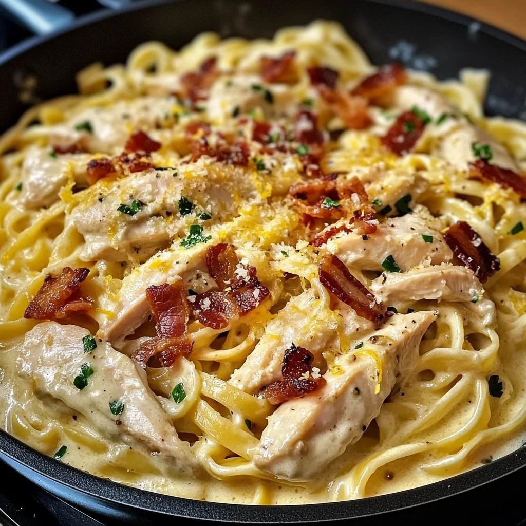 Creamy Lemon-Garlic Chicken Bacon Fettuccine