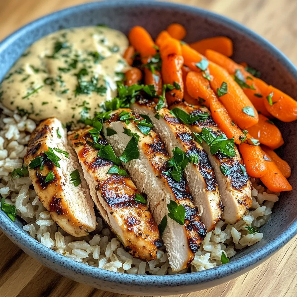 Grilled Chicken Rice Bowl with Creamy Herb Sauce & Carrots