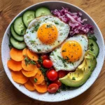 Rainbow Veggie and Sauerkraut Plate with Sunny Eggs