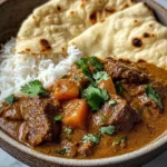 Slow-Cooked Beef in Creamy Coconut Curry with Rice and Garlic Naan