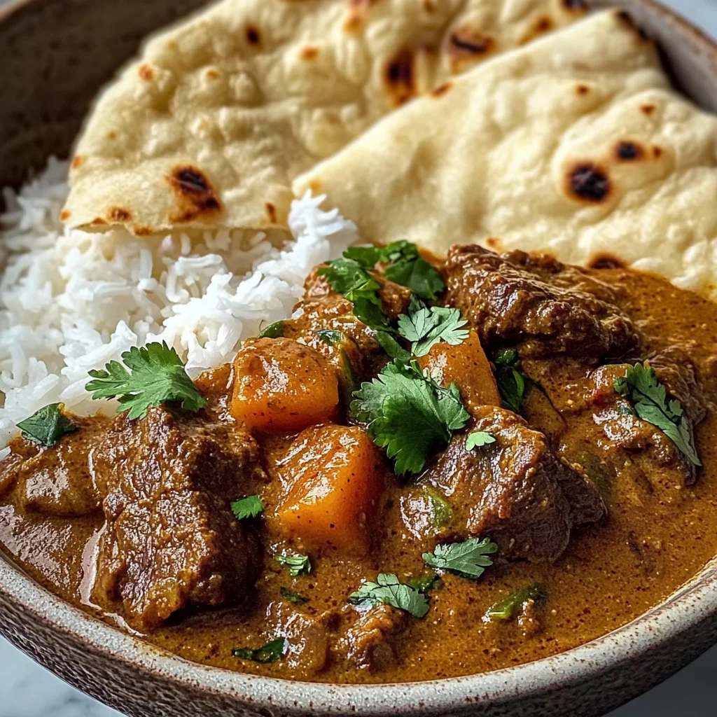 Slow-Cooked Beef in Creamy Coconut Curry with Rice and Garlic Naan