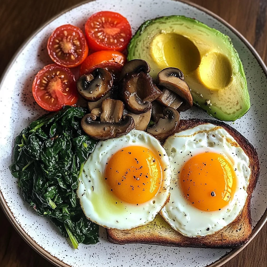 Sunny Eggs with Sauted Spinach, Mushrooms & Avocado Toast