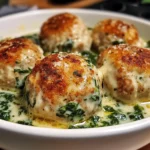 Baked Chicken Ricotta Meatballs with Spinach Alfredo Sauce
