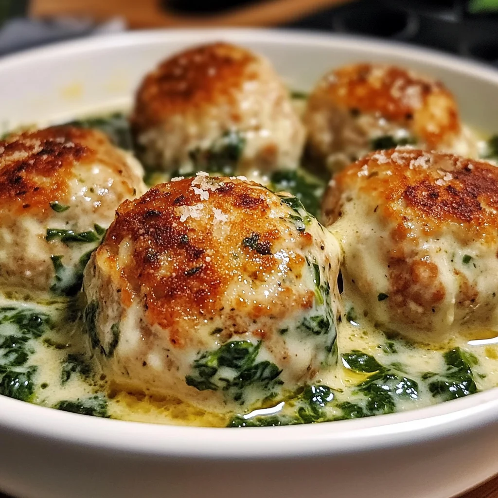 Baked Chicken Ricotta Meatballs with Spinach Alfredo Sauce